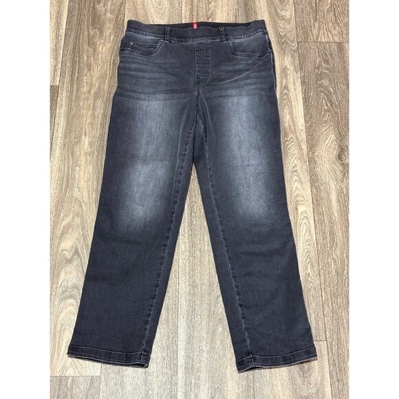 SPANX VINTAGE BLACK Wash STRAIGHT Leg pull-on Jeans #20355R-Size LARGE - Picture 1 of 11